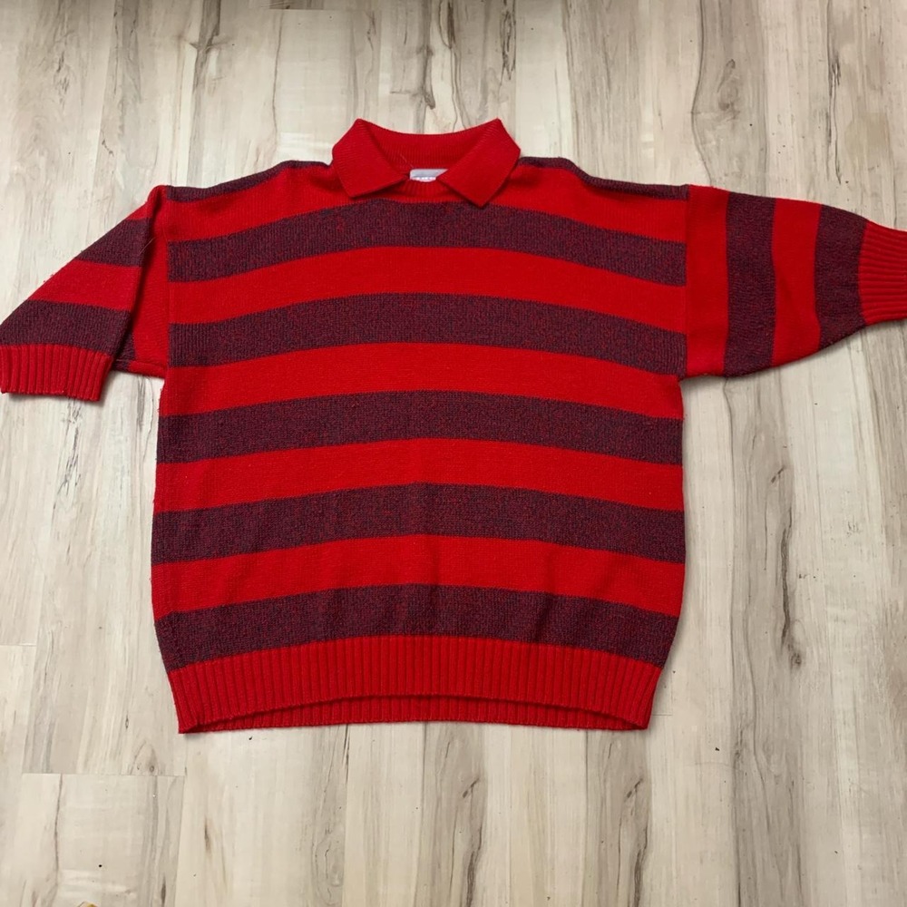 Venezia Vintage 80s Mens Red Black Striped Short Sleeve Sweater Collar XL 3002